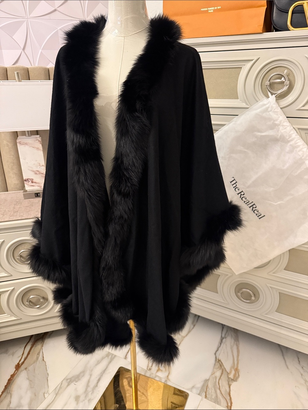 SOFIA CASHMERE FOX FUR TRIMMED CAPE PONCHO